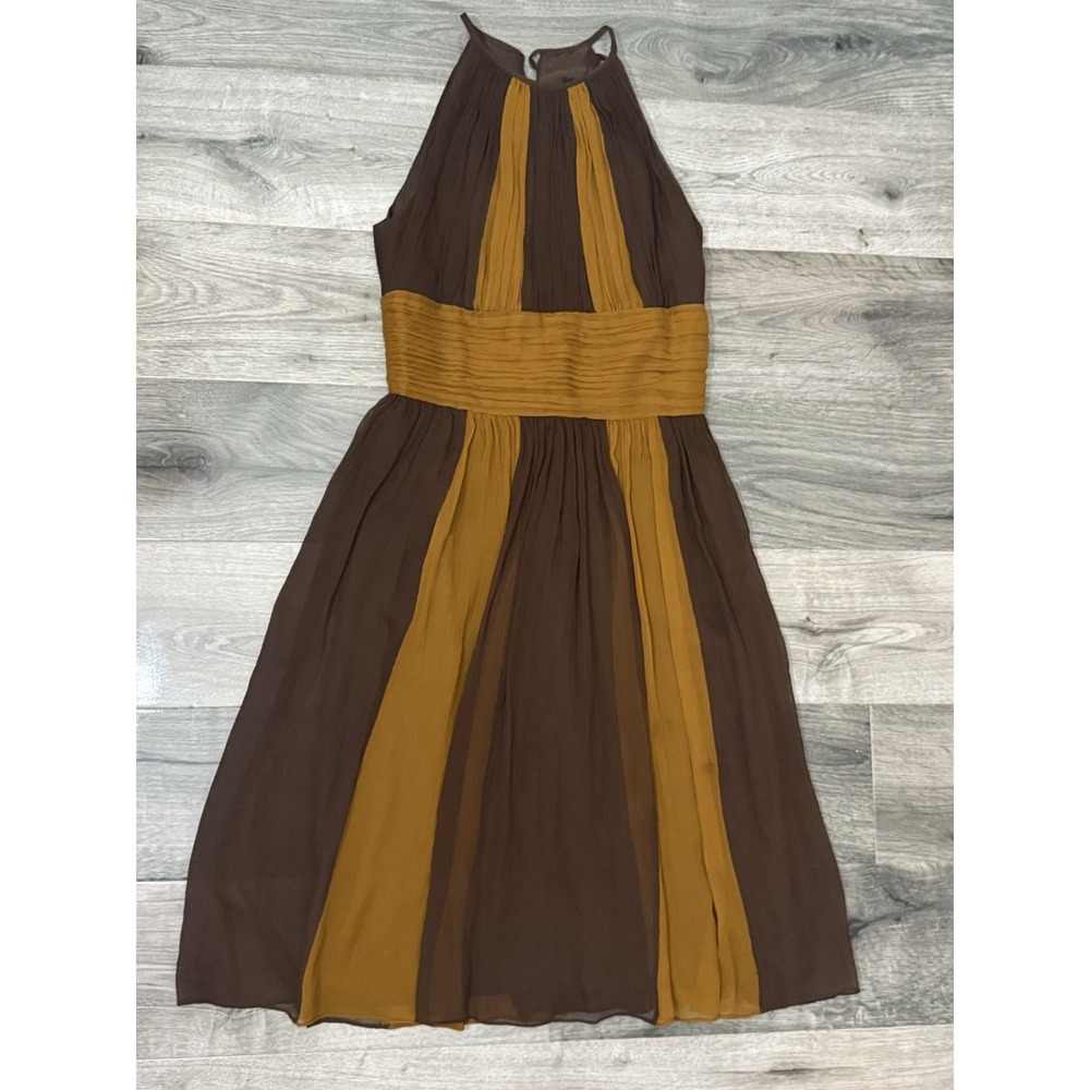Maggy London Silk Halter Dress Striped Party Cocktail Brown Gold Size 2